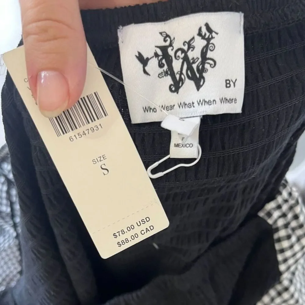 Who Wear What When Where Size S Black Top Gingham Puff Sleeve Anthropologie NWT
